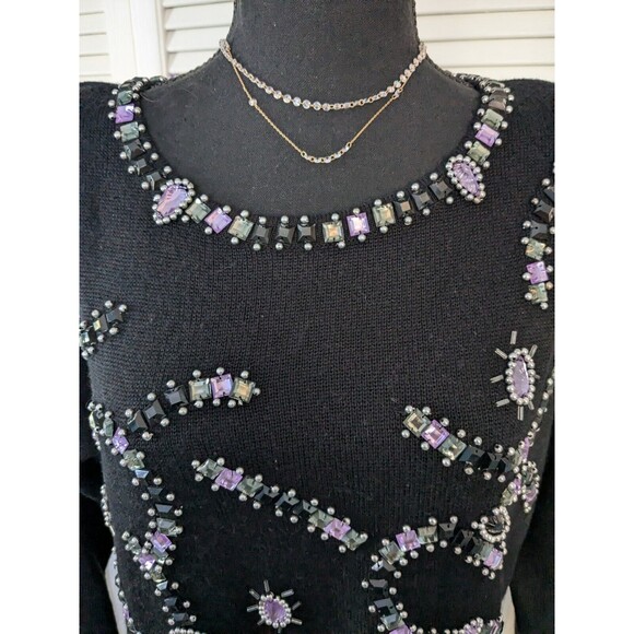 ANNE KLEIN by Sadimara Vtg Sweater Womens Sz L Black Embellished Beads Glam 90s - Picture 3 of 13